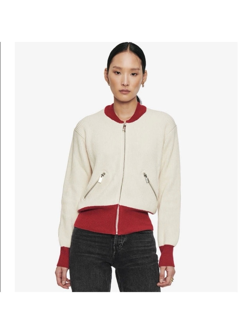 Anine Bing Jasper Zip Cardigan | Cream & Red Contrast Ribbed Knit Sweater XS